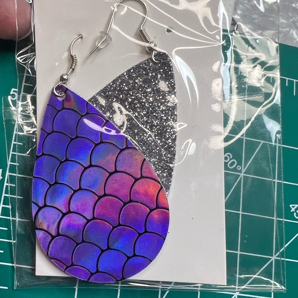 Double Sided mermaid glitter holographic earrings hypoallergenic vegan leather